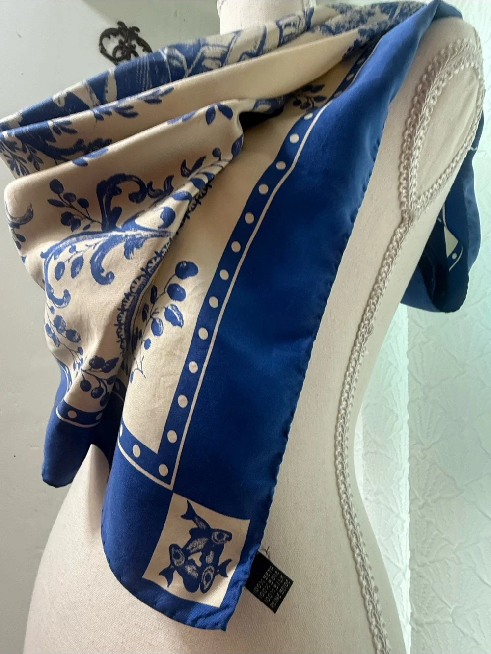 Blue and Cream Floral Silk-Feel Scarf Wrap